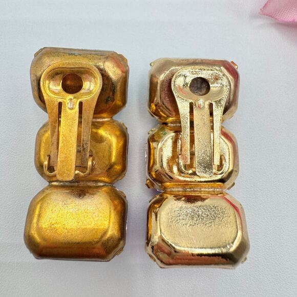 Vintage Three Rhinestone Huge Clip On Earrings Teal Fuchsia Blue 80s Mob Wife - Picture 10 of 16